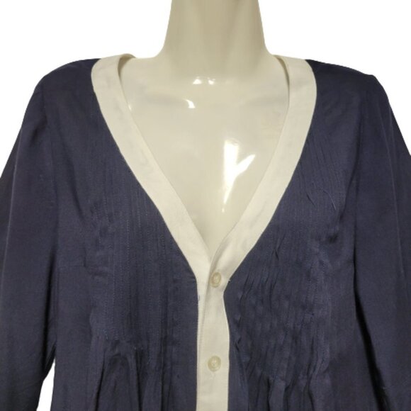 𝅺dark Blue Long Sleeve Cotton Blouse Top with White Trim Various Size S - Picture 4 of 8